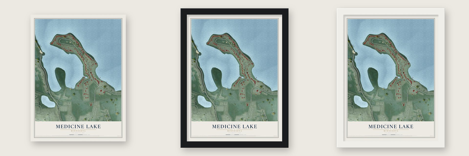 Medicine Lake, Minnesota map unframed, in a black wood frame and in a white wood frame