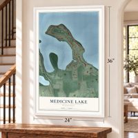 Medicine Lake, Minnesota map, 24 x 36 inch print in a white frame by a staircase
