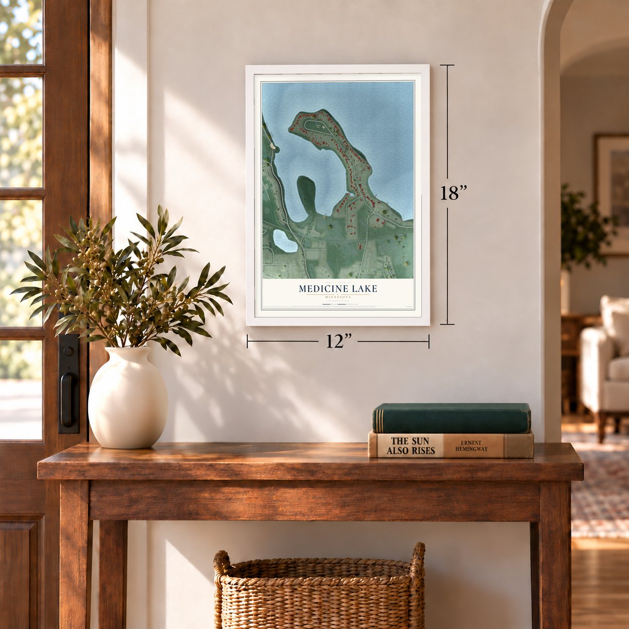 Medicine Lake, Minnesota map, 12 x 18 inch print in a white frame in an entryway