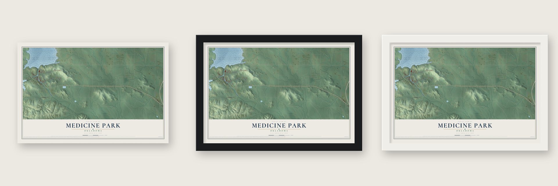 Medicine Park, Oklahoma map unframed, in a black wood frame and in a white wood frame