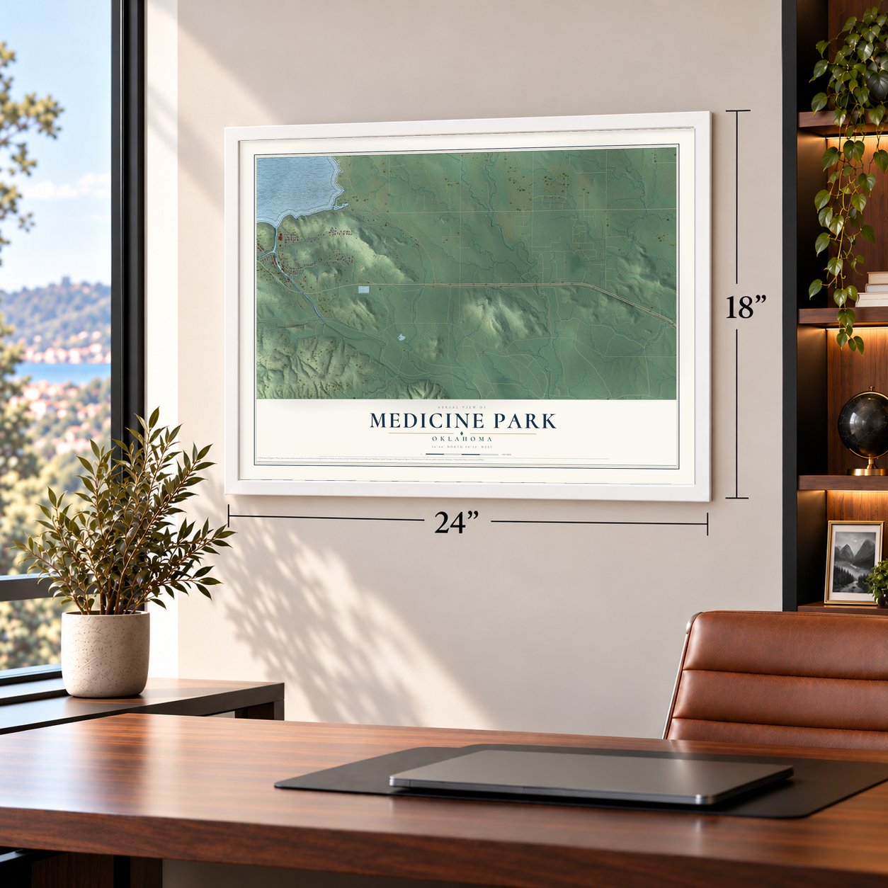 Medicine Park, Oklahoma map, 18 x 24 inch print in a white frame in a home office