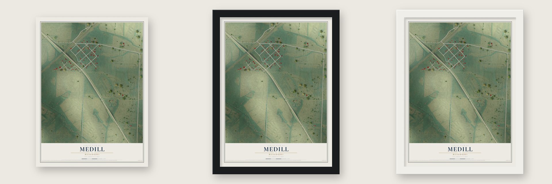 Medill, Missouri map unframed, in a black wood frame and in a white wood frame