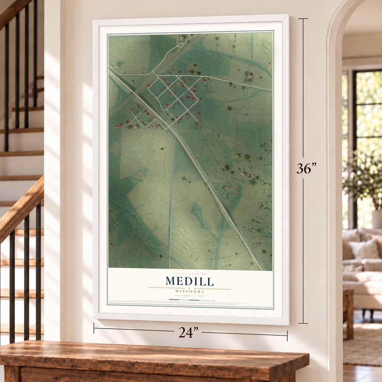 Medill, Missouri map, 24 x 36 inch print in a white frame by a staircase