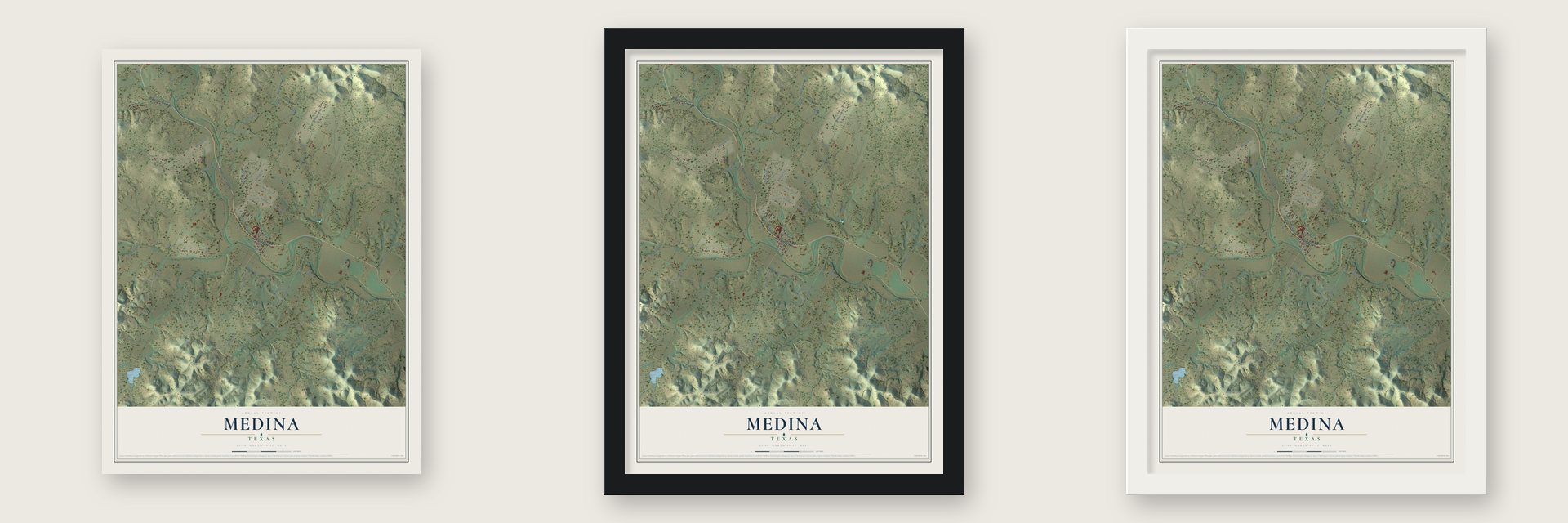 Medina, Bandera County, Texas map unframed, in a black wood frame and in a white wood frame