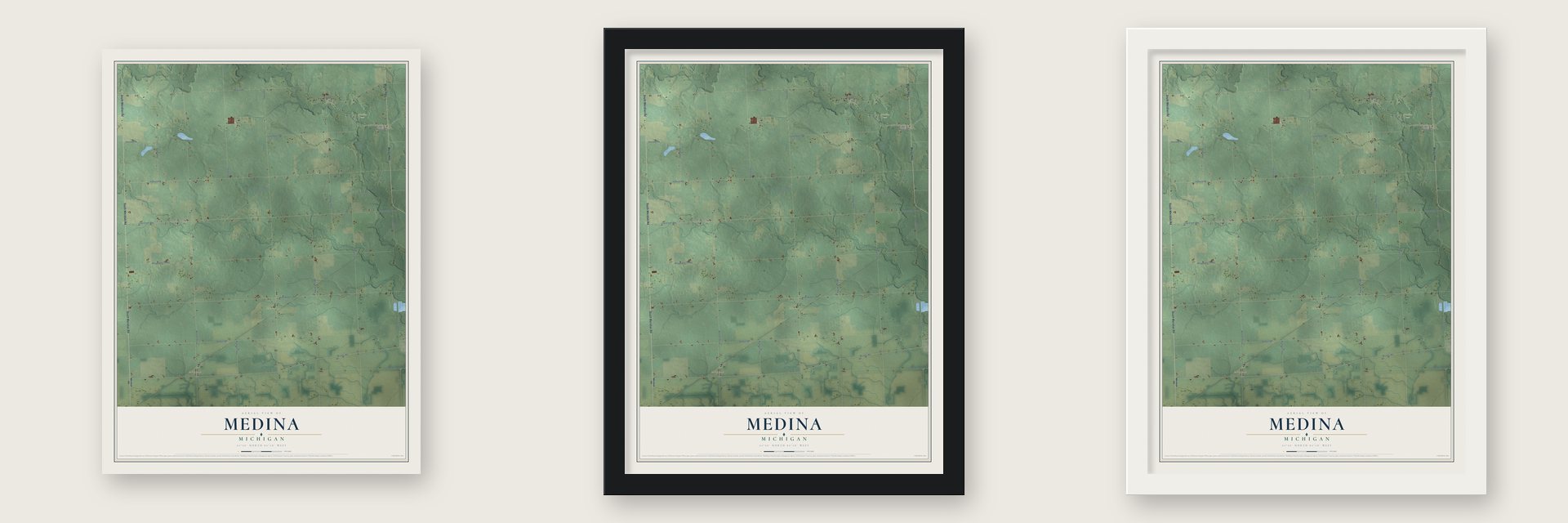 Medina, Michigan map unframed, in a black wood frame and in a white wood frame