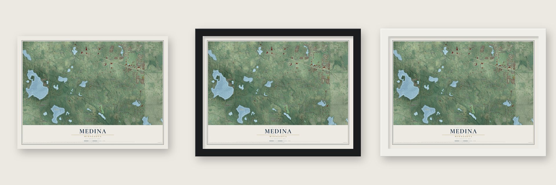 Medina, Minnesota map unframed, in a black wood frame and in a white wood frame