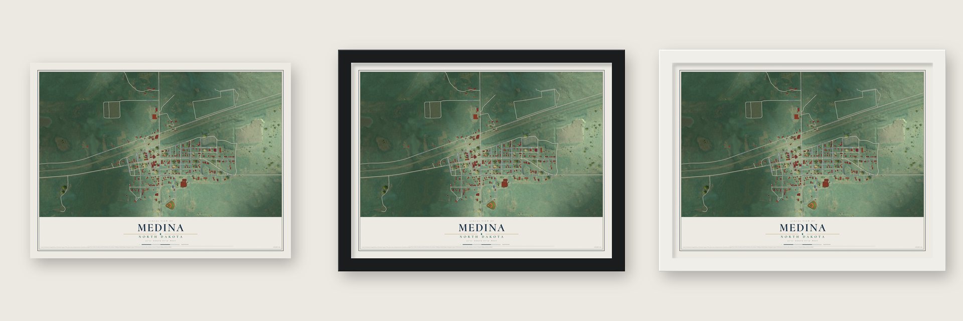 Medina, North Dakota map unframed, in a black wood frame and in a white wood frame