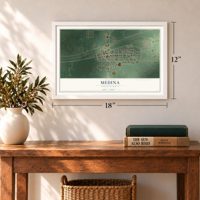 Medina, North Dakota map, 12 x 18 inch print in a white frame in an entryway