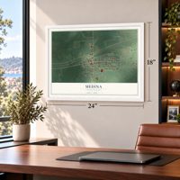 Medina, North Dakota map, 18 x 24 inch print in a white frame in a home office