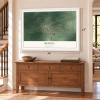 Medina, North Dakota map, 24 x 36 inch print in a white frame above a dresser by a staircase
