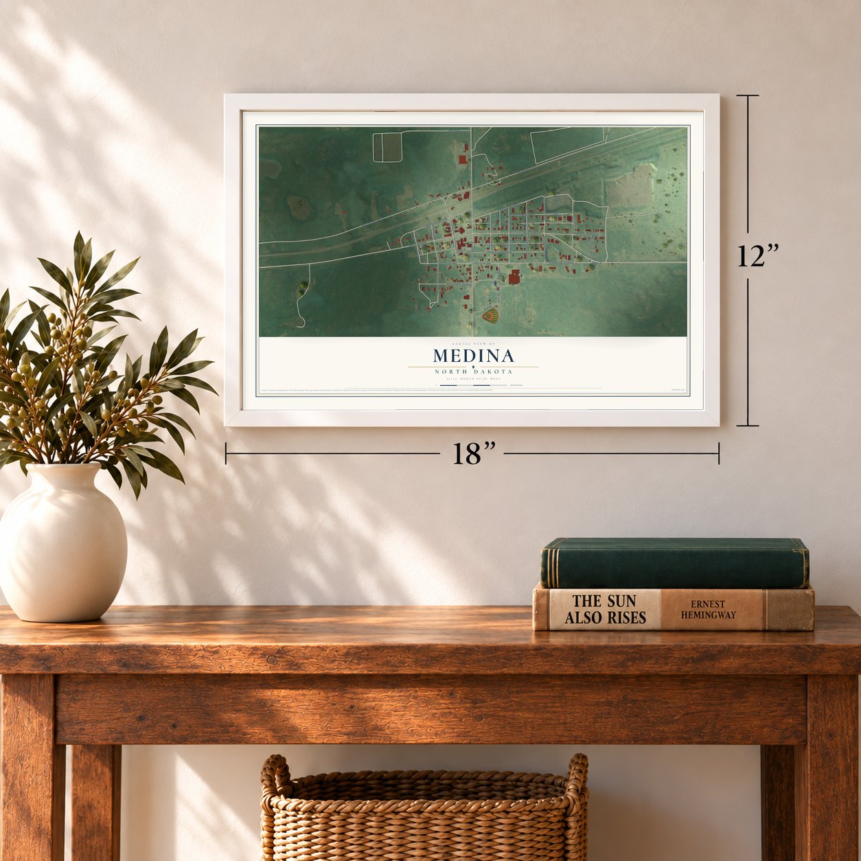Medina, North Dakota map, 12 x 18 inch print in a white frame in an entryway
