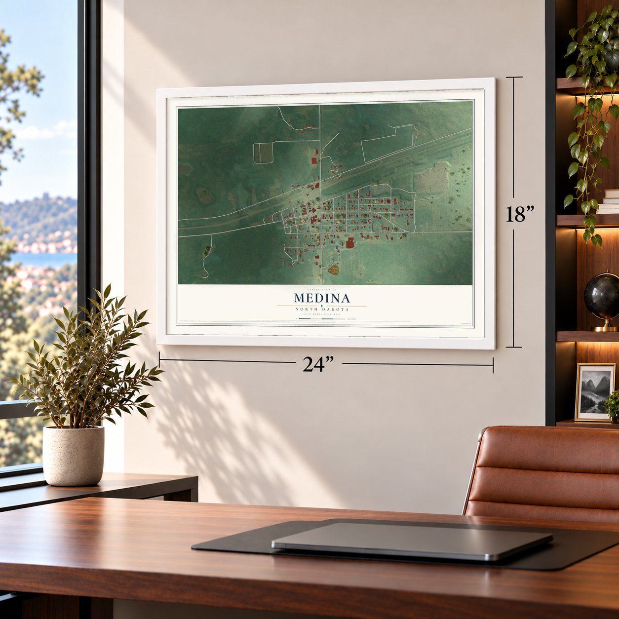 Medina, North Dakota map, 18 x 24 inch print in a white frame in a home office