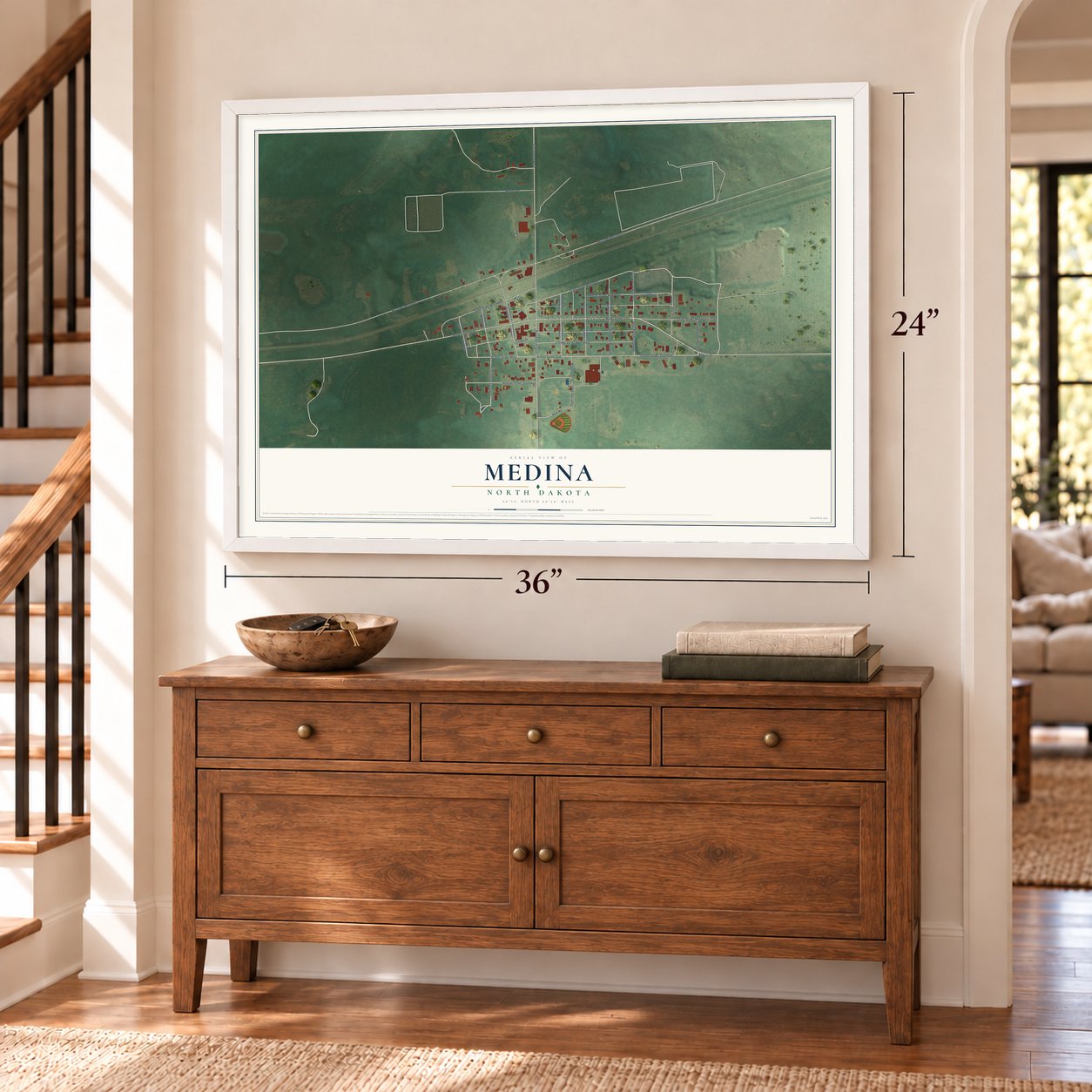 Medina, North Dakota map, 24 x 36 inch print in a white frame above a dresser by a staircase