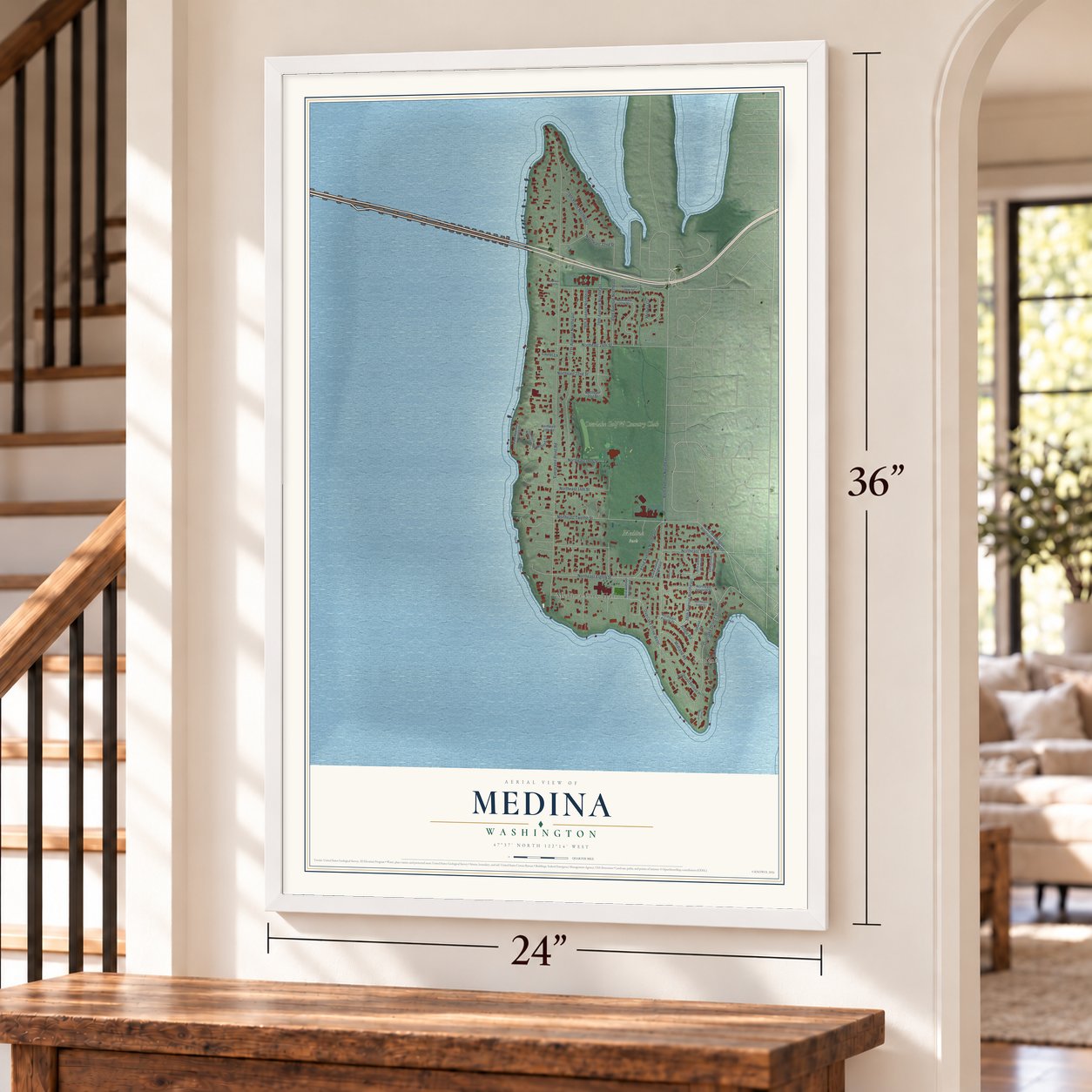 Medina, Washington map, 24 x 36 inch print in a white frame by a staircase