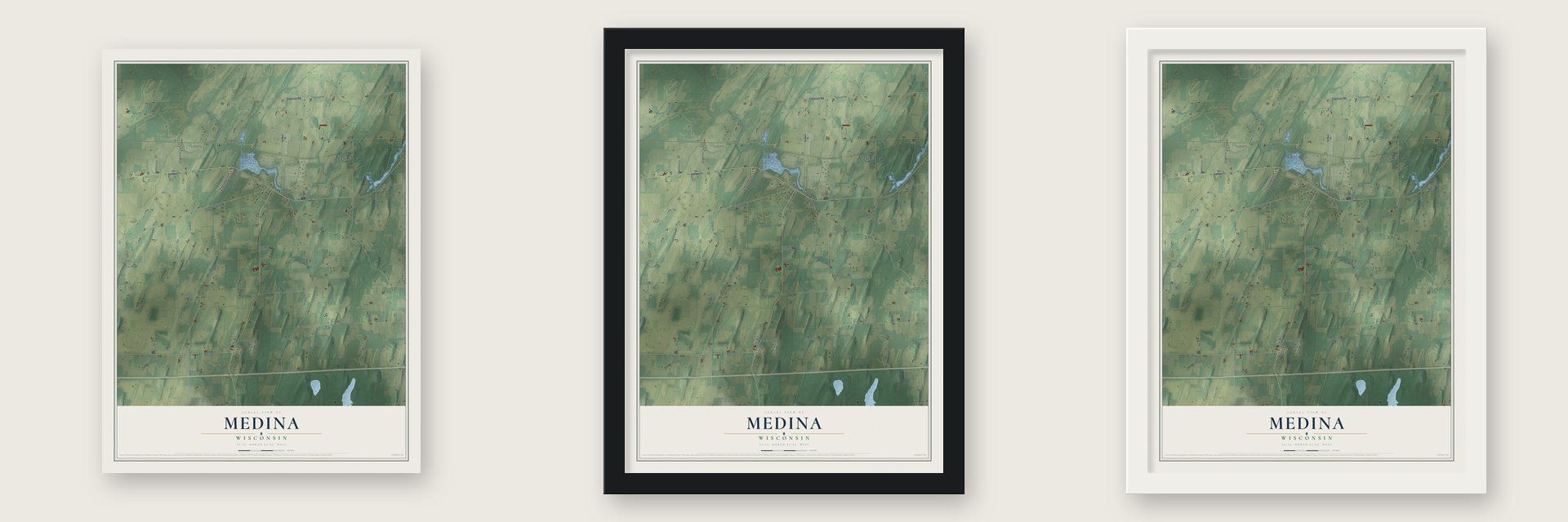 Medina, Wisconsin map unframed, in a black wood frame and in a white wood frame