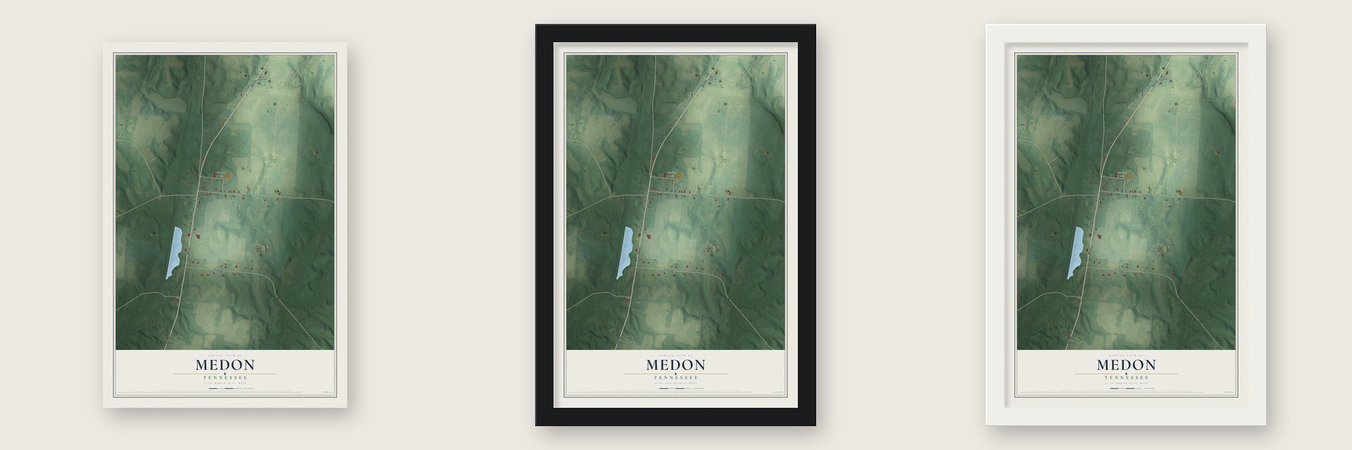 Medon, Tennessee map unframed, in a black wood frame and in a white wood frame