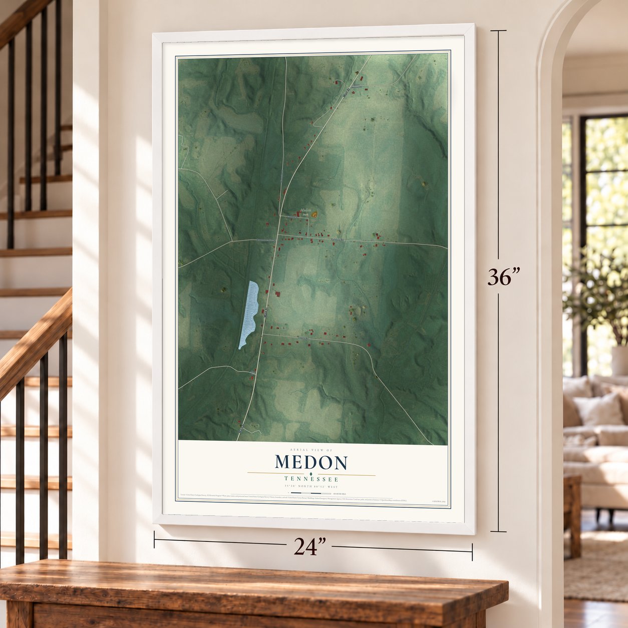 Medon, Tennessee map, 24 x 36 inch print in a white frame by a staircase