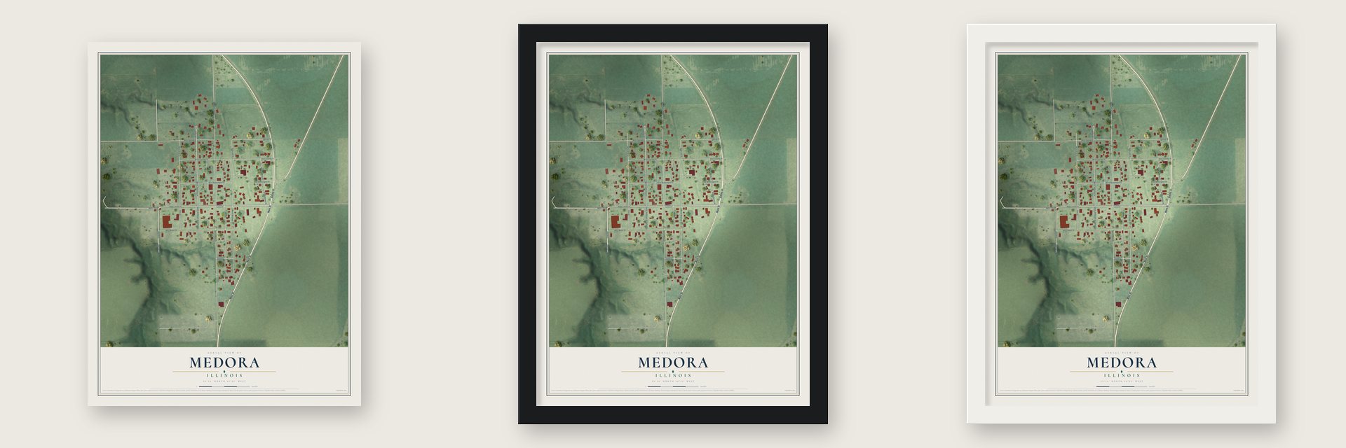 Medora, Illinois map unframed, in a black wood frame and in a white wood frame