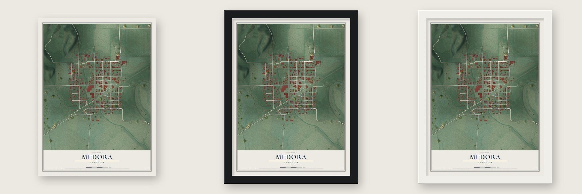 Medora, Indiana map unframed, in a black wood frame and in a white wood frame