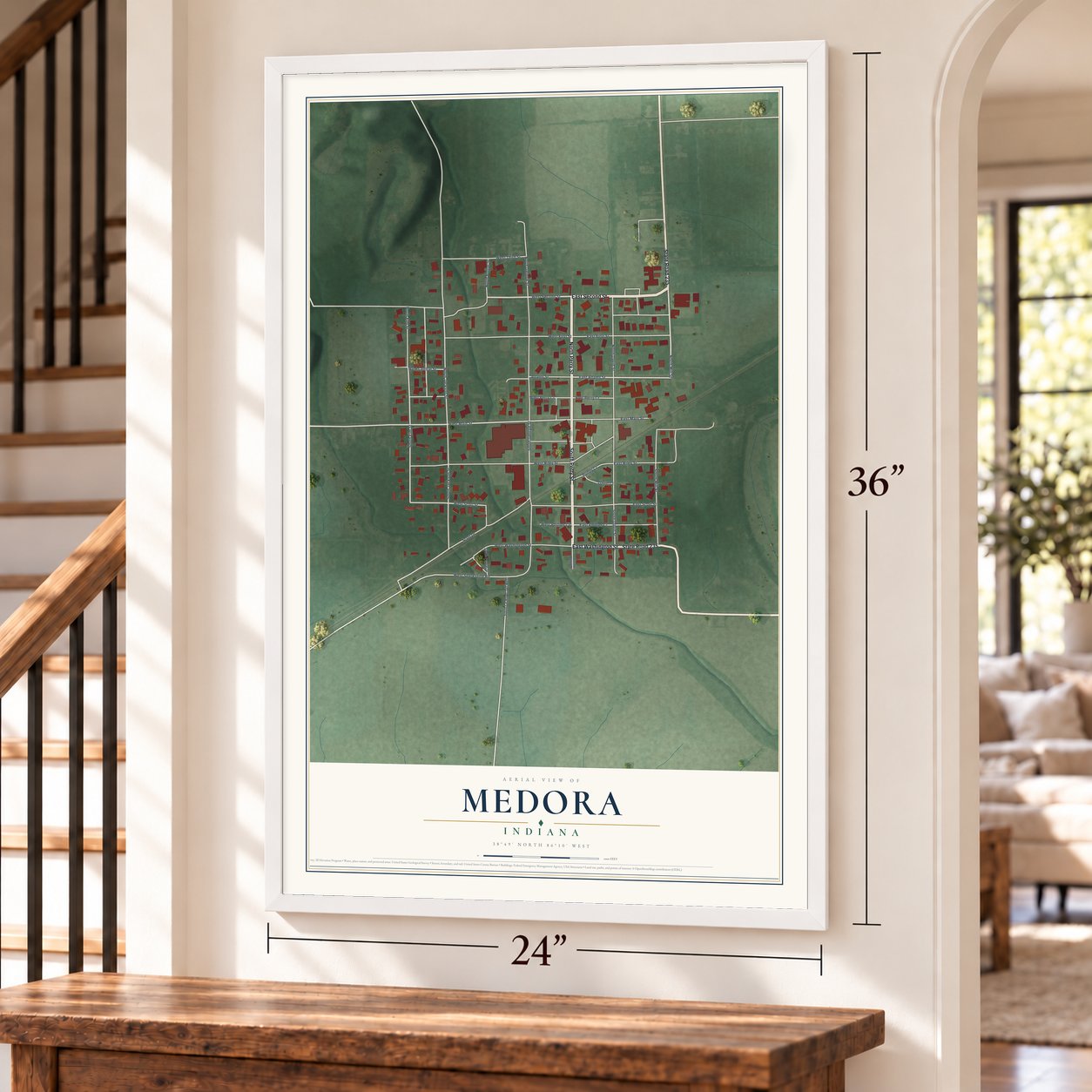 Medora, Indiana map, 24 x 36 inch print in a white frame by a staircase