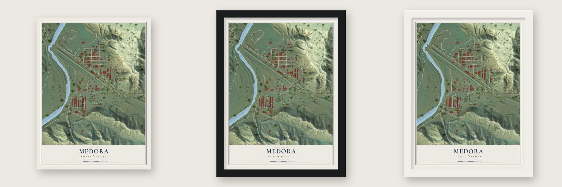 Medora, North Dakota map unframed, in a black wood frame and in a white wood frame