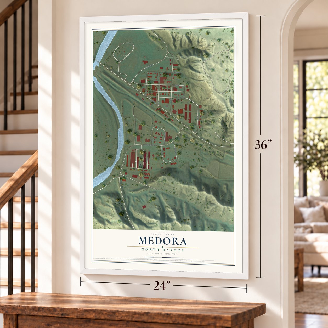 Medora, North Dakota map, 24 x 36 inch print in a white frame by a staircase