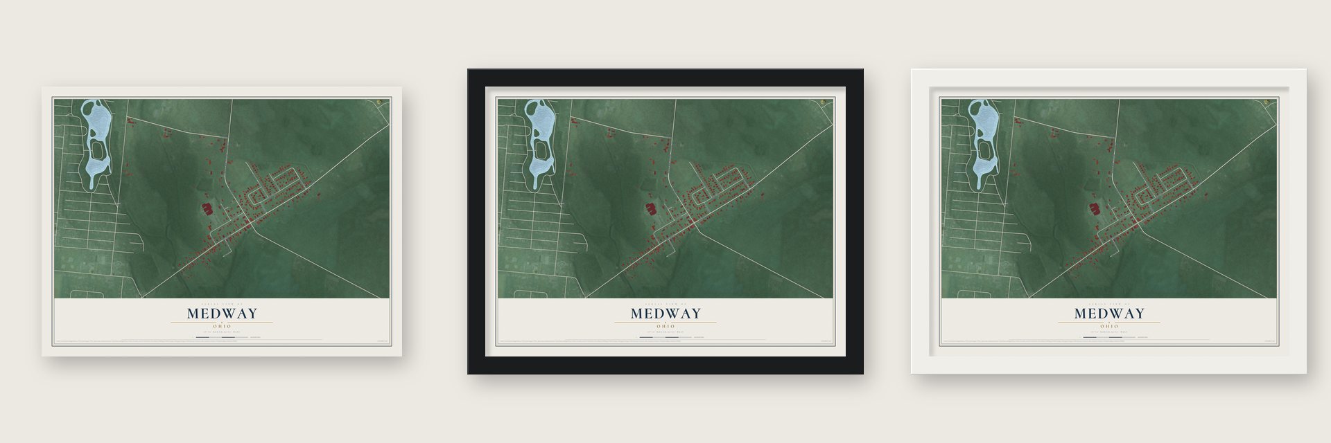 Medway, Ohio map unframed, in a black wood frame and in a white wood frame