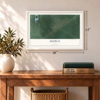 Medway, Ohio map, 12 x 18 inch print in a white frame in an entryway
