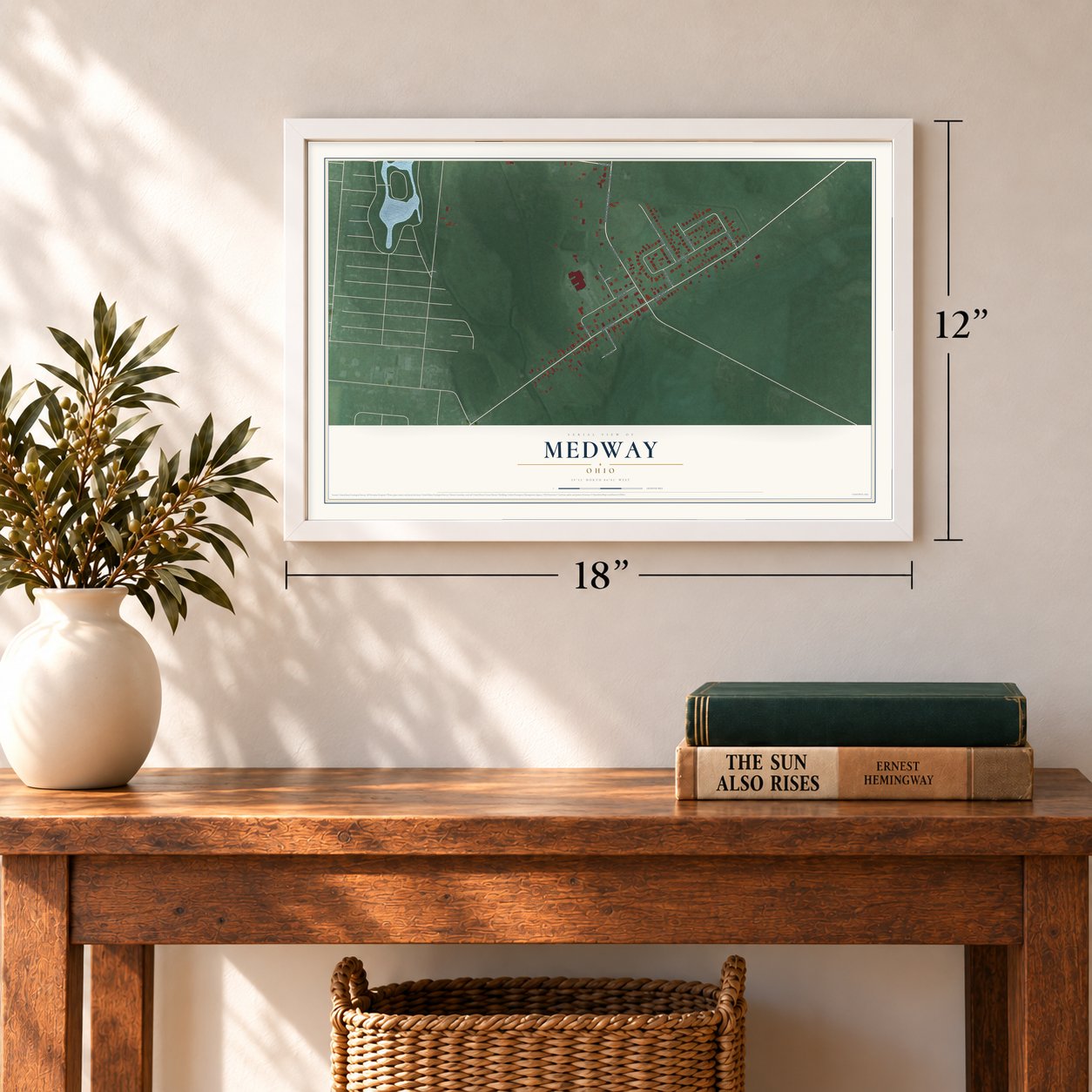 Medway, Ohio map, 12 x 18 inch print in a white frame in an entryway