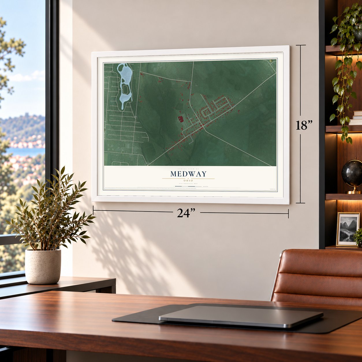 Medway, Ohio map, 18 x 24 inch print in a white frame in a home office