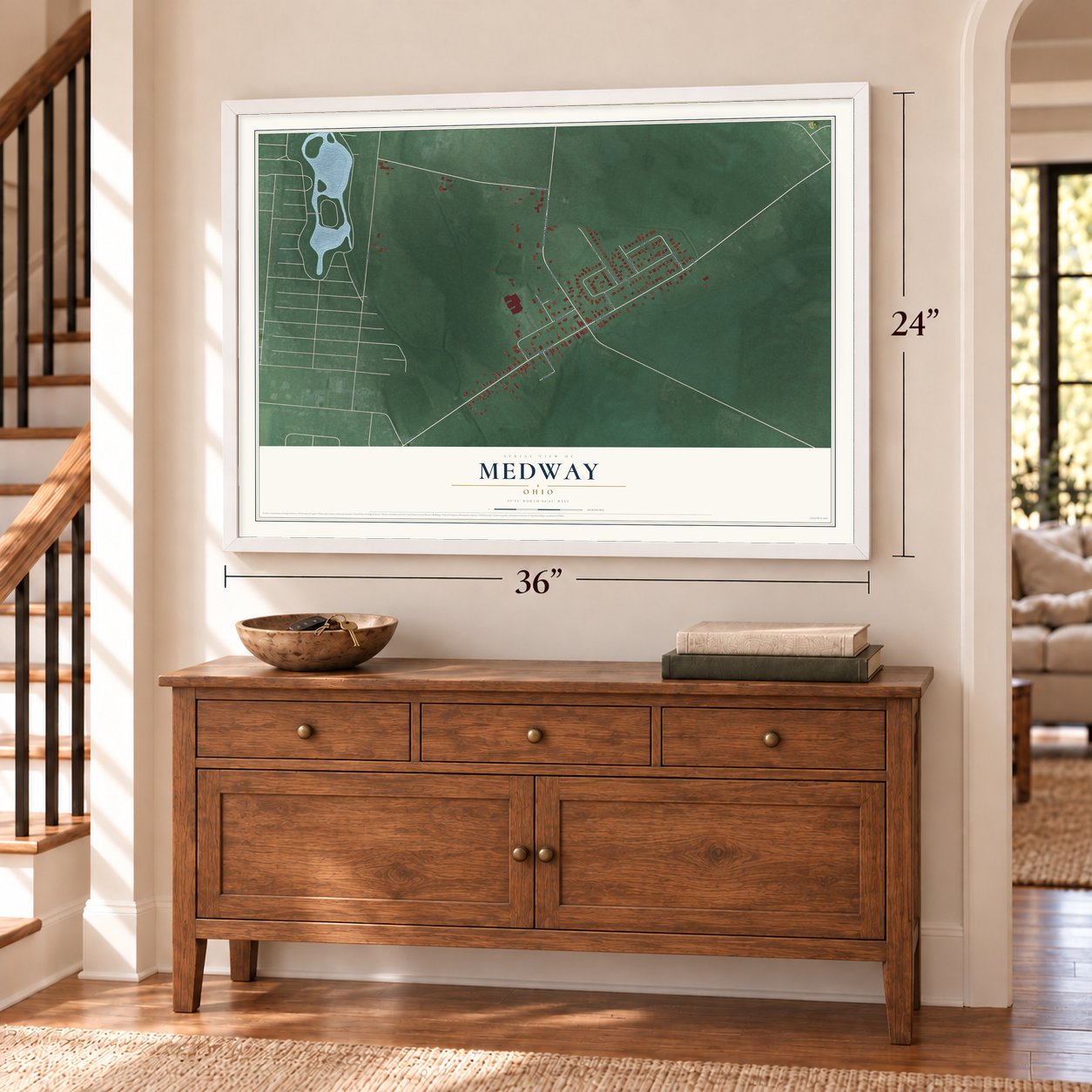 Medway, Ohio map, 24 x 36 inch print in a white frame above a dresser by a staircase