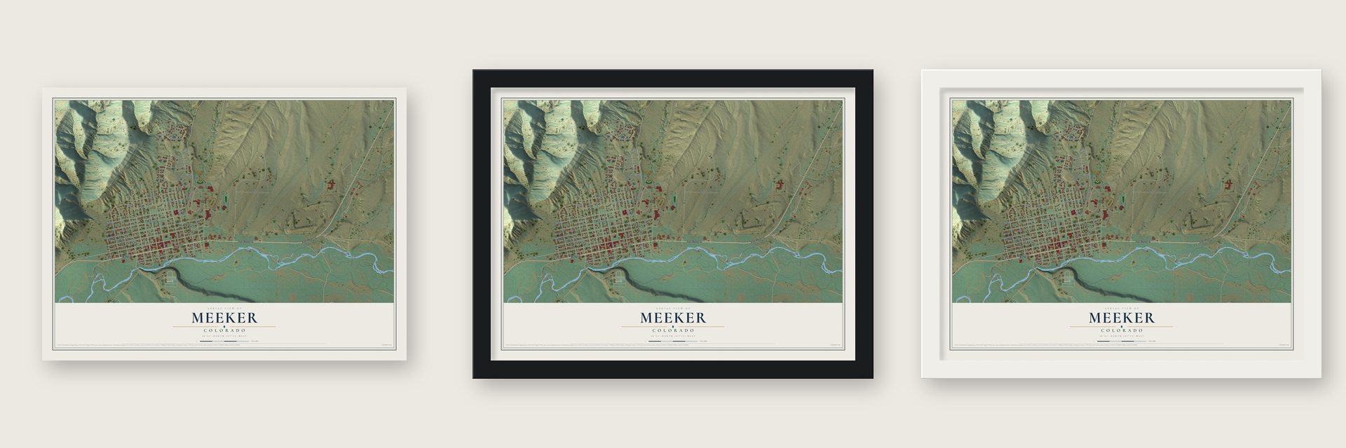 Meeker, Colorado map unframed, in a black wood frame and in a white wood frame