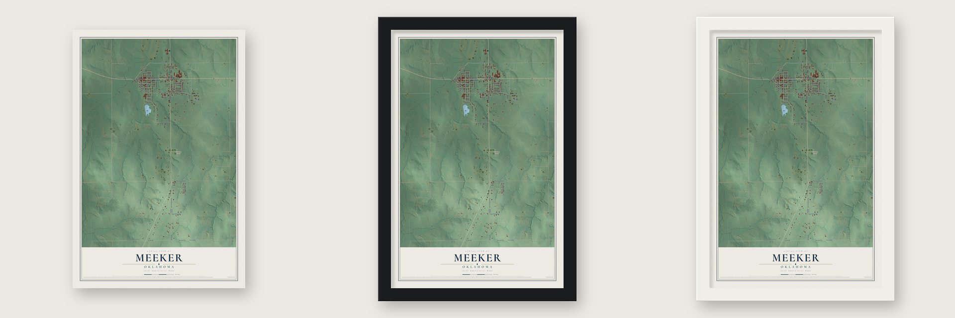 Meeker, Oklahoma map unframed, in a black wood frame and in a white wood frame