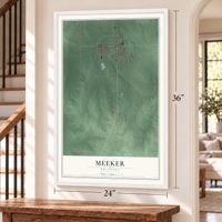 Meeker, Oklahoma map, 24 x 36 inch print in a white frame by a staircase