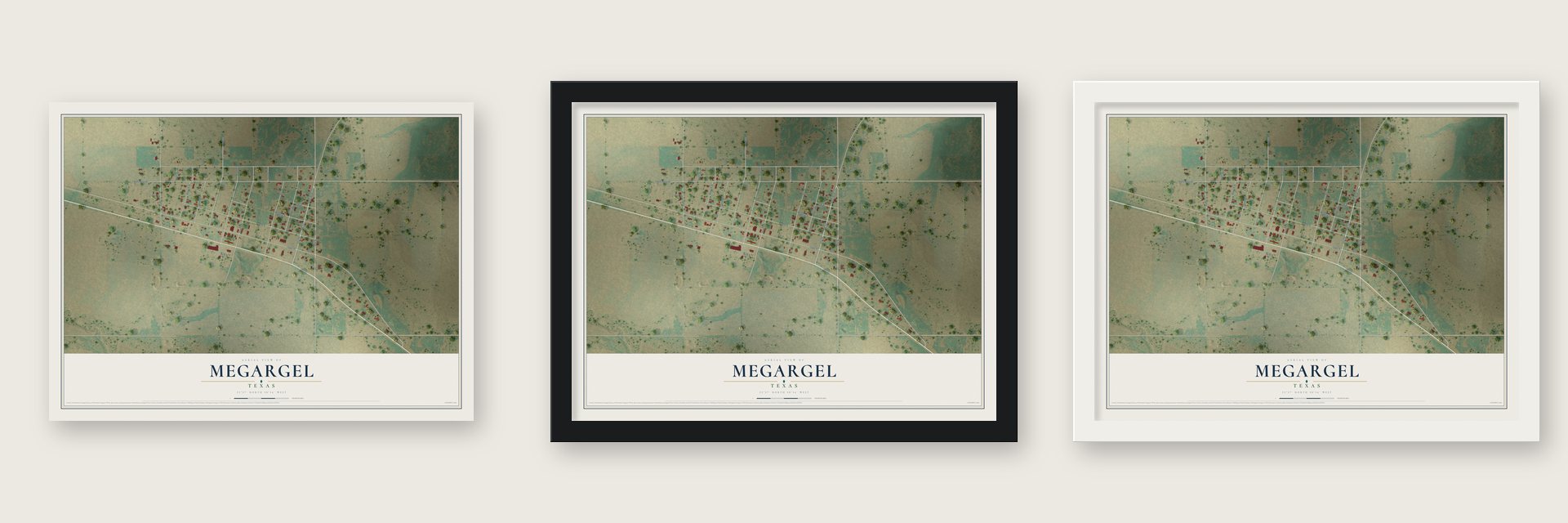 Megargel, Texas map unframed, in a black wood frame and in a white wood frame