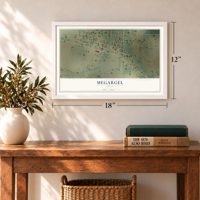 Megargel, Texas map, 12 x 18 inch print in a white frame in an entryway