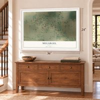 Megargel, Texas map, 24 x 36 inch print in a white frame above a dresser by a staircase