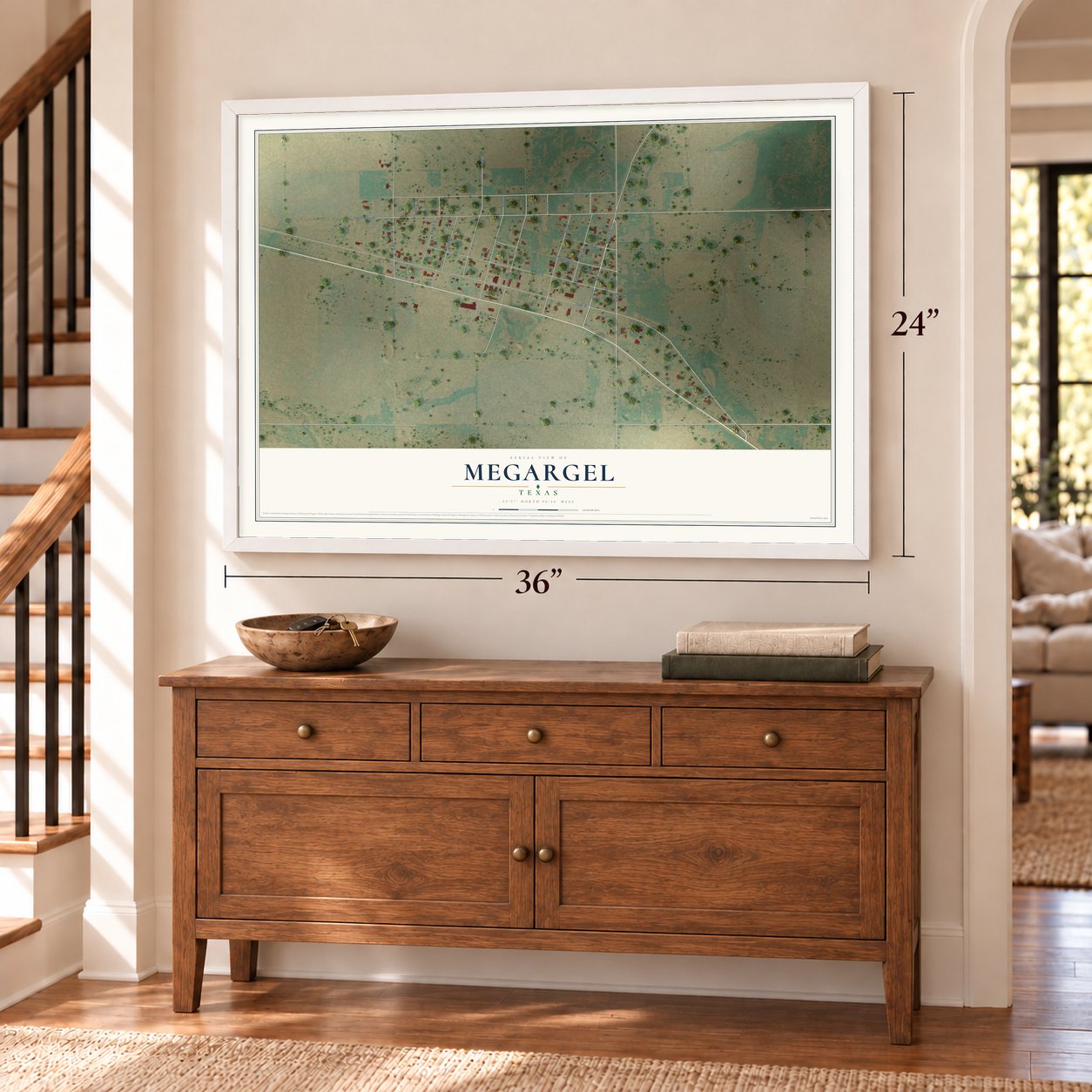 Megargel, Texas map, 24 x 36 inch print in a white frame above a dresser by a staircase