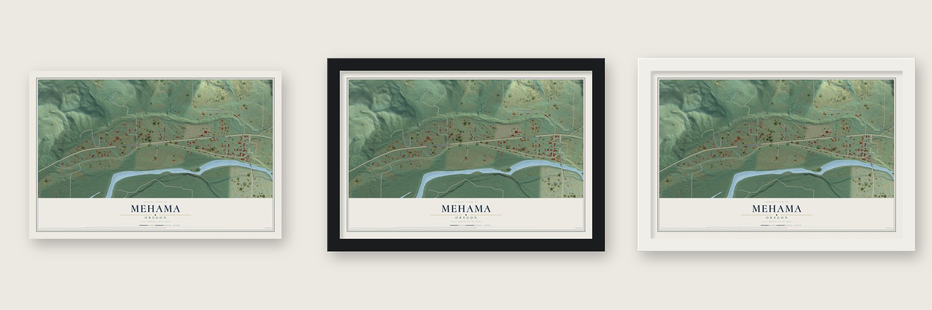 Mehama, Oregon map unframed, in a black wood frame and in a white wood frame