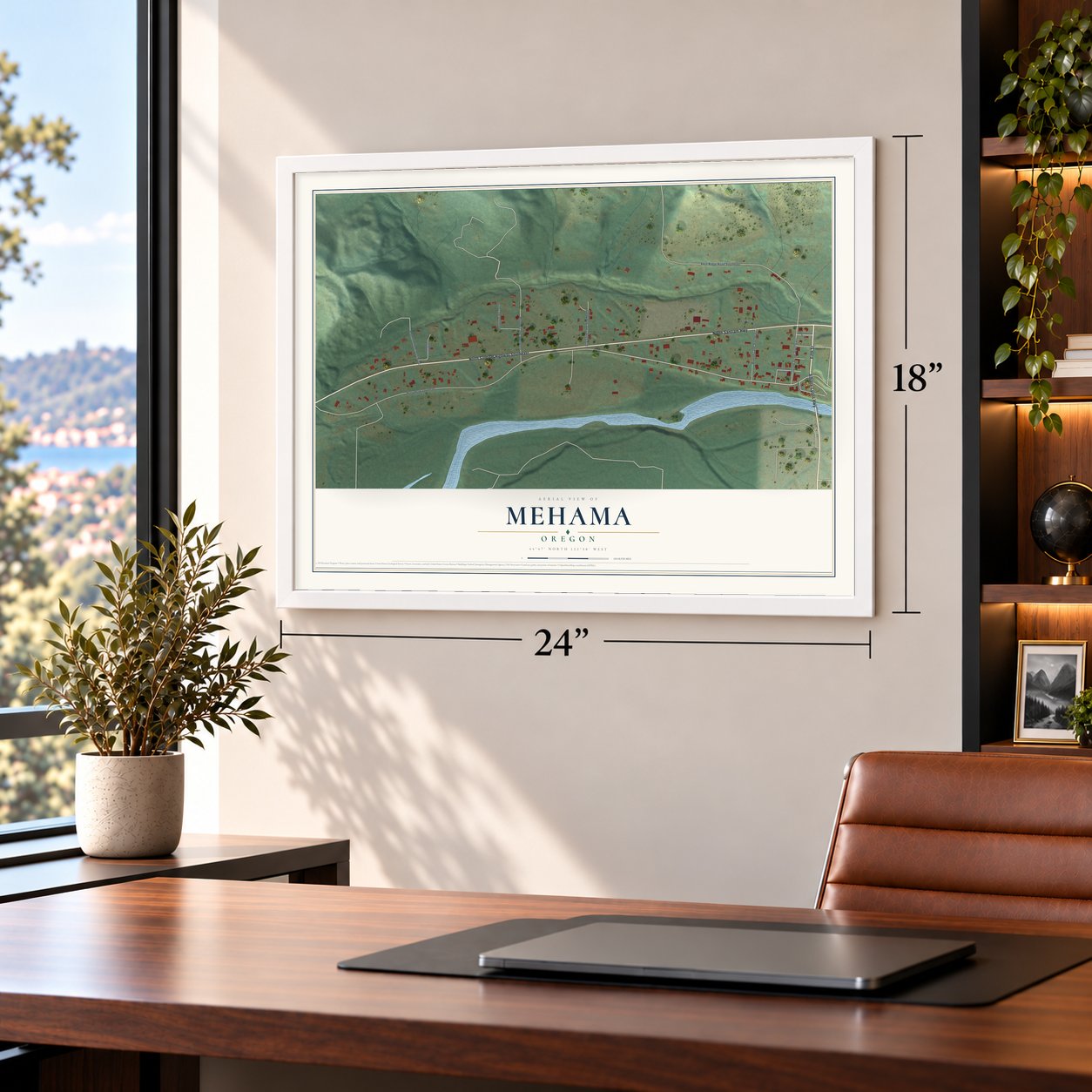 Mehama, Oregon map, 18 x 24 inch print in a white frame in a home office