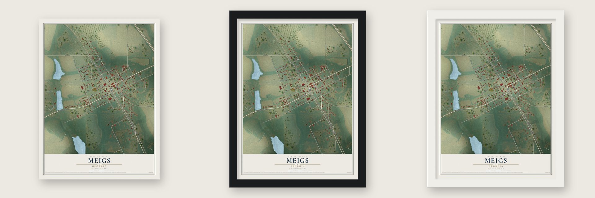 Meigs, Georgia map unframed, in a black wood frame and in a white wood frame