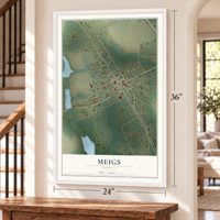 Meigs, Georgia map, 24 x 36 inch print in a white frame by a staircase