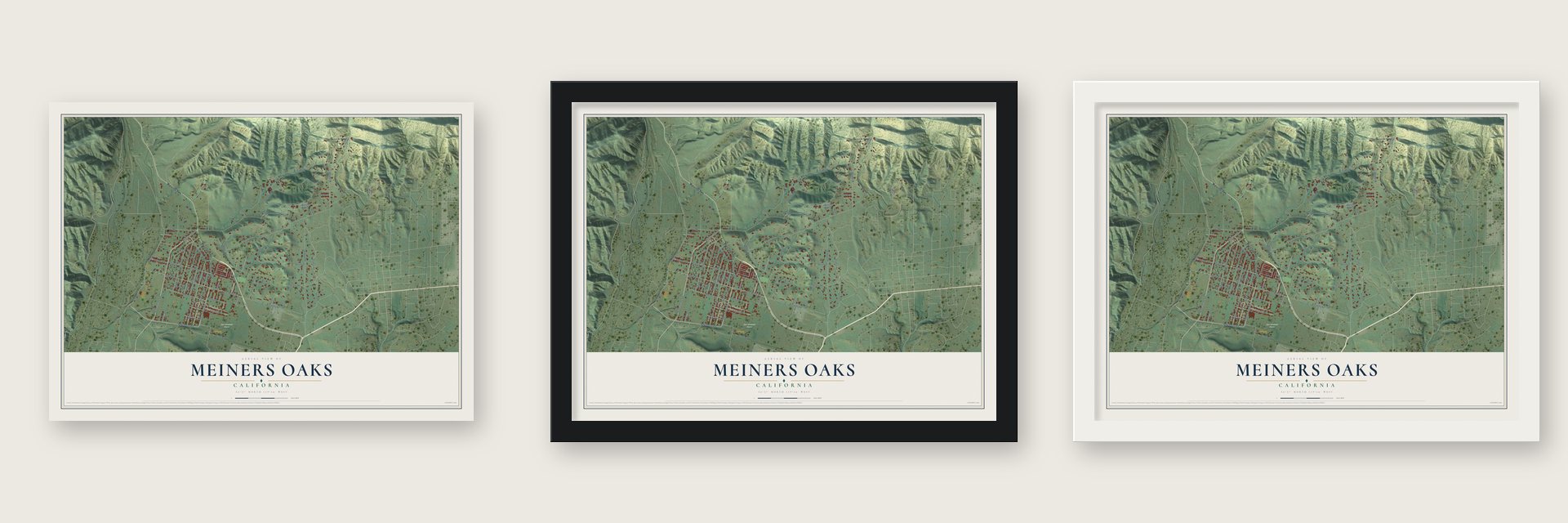 Meiners Oaks, California map unframed, in a black wood frame and in a white wood frame