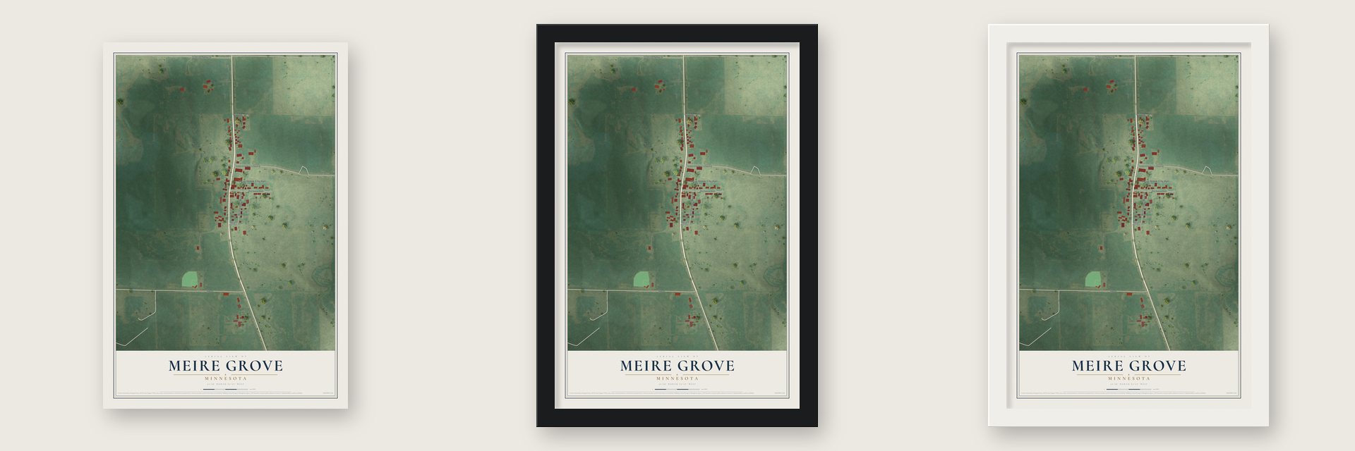 Meire Grove, Minnesota map unframed, in a black wood frame and in a white wood frame