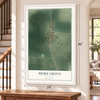 Meire Grove, Minnesota map, 24 x 36 inch print in a white frame by a staircase