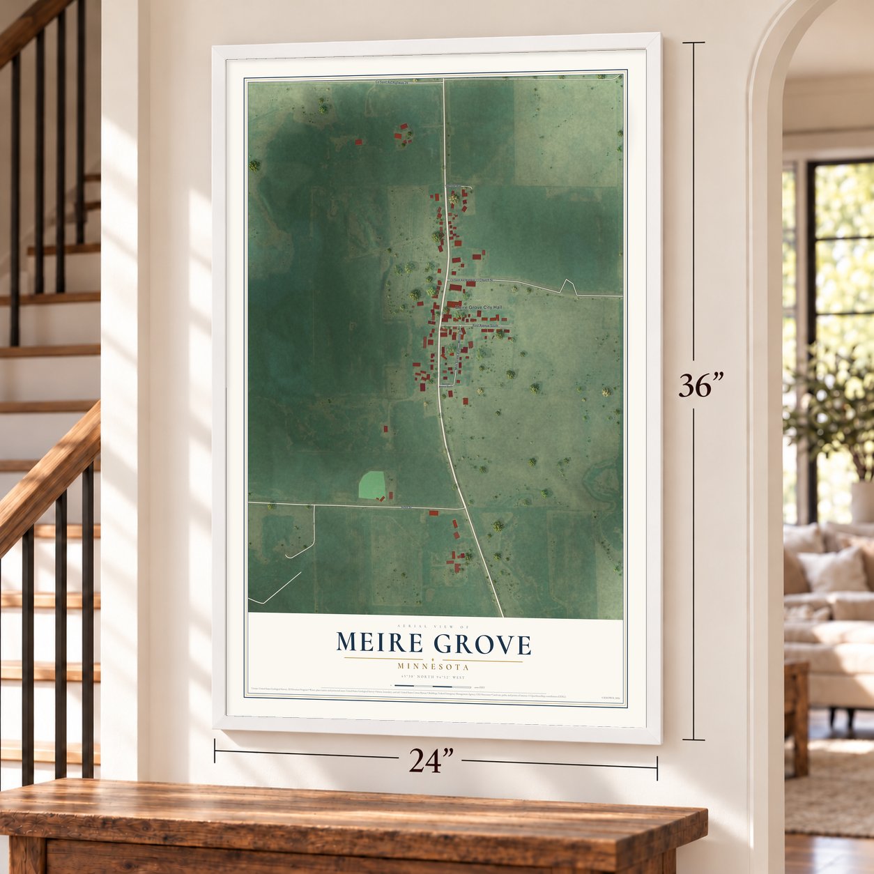 Meire Grove, Minnesota map, 24 x 36 inch print in a white frame by a staircase