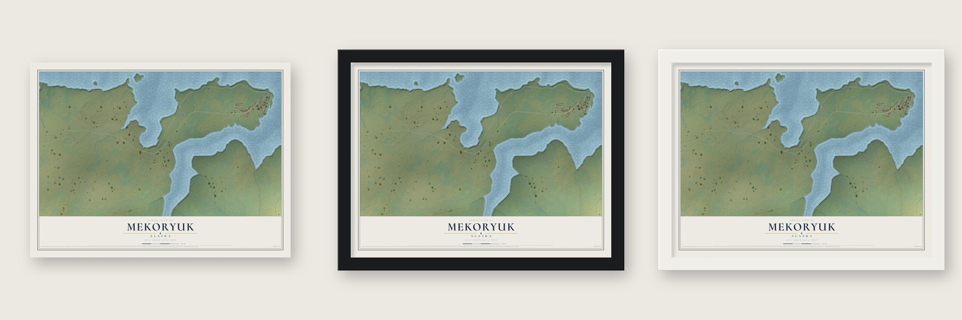 Mekoryuk, Alaska map unframed, in a black wood frame and in a white wood frame
