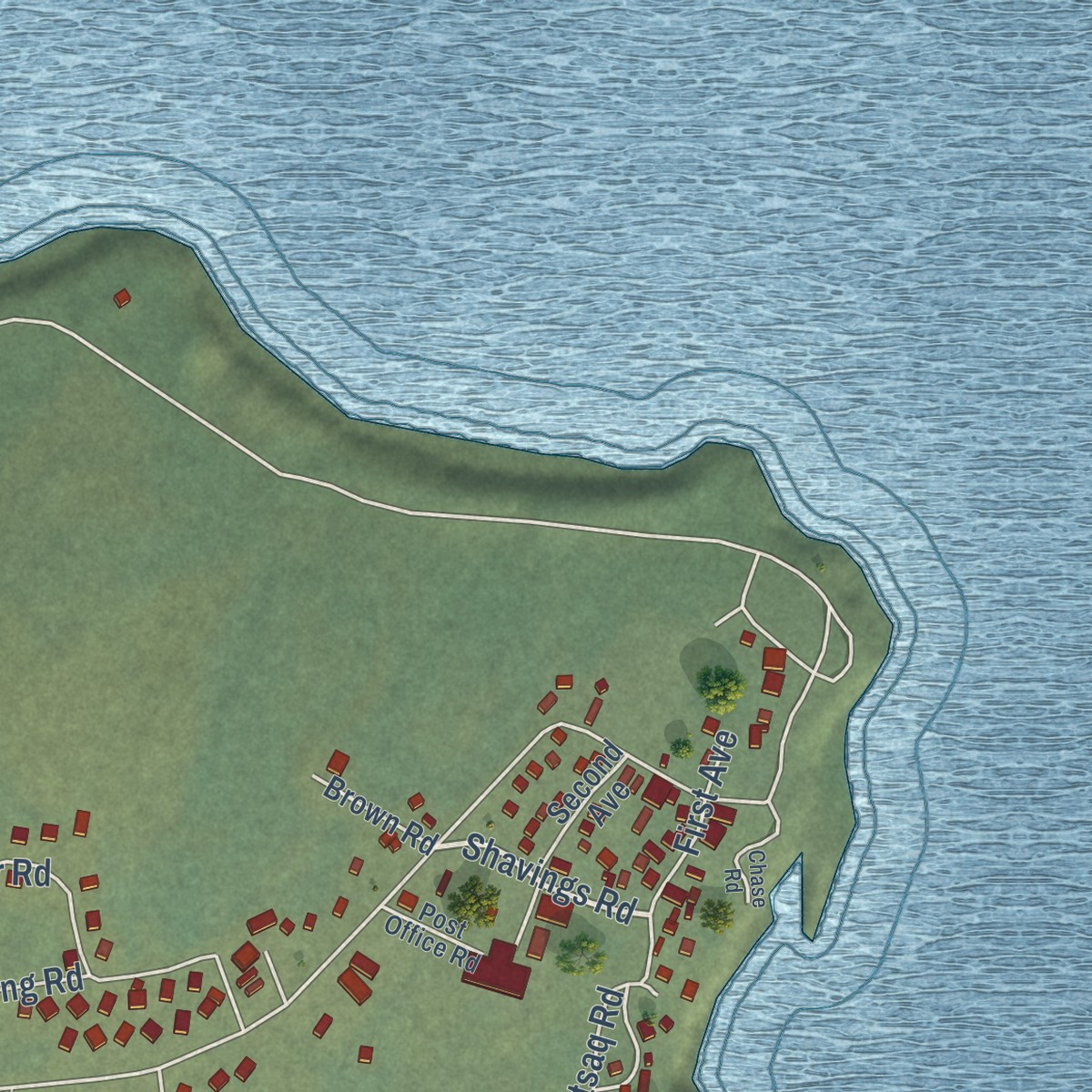 Second close-up of the map of Mekoryuk, Alaska print showing more streets and buildings