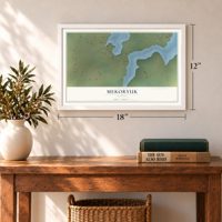 Mekoryuk, Alaska map, 12 x 18 inch print in a white frame in an entryway