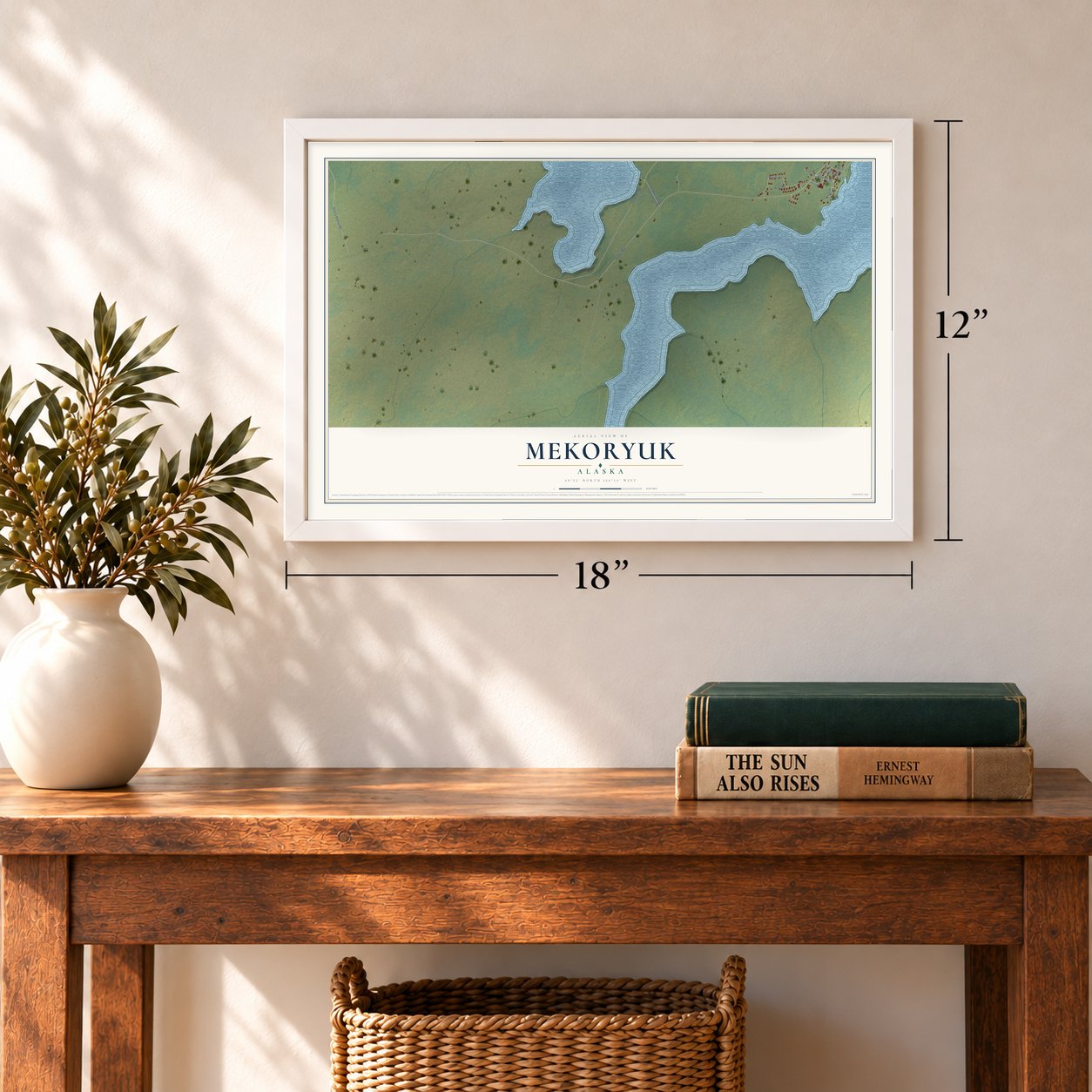 Mekoryuk, Alaska map, 12 x 18 inch print in a white frame in an entryway